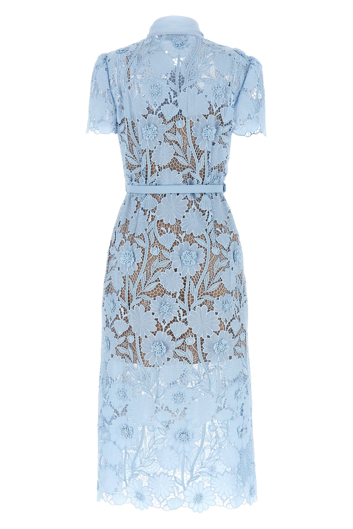 blue lace tie neck midi lace dress
