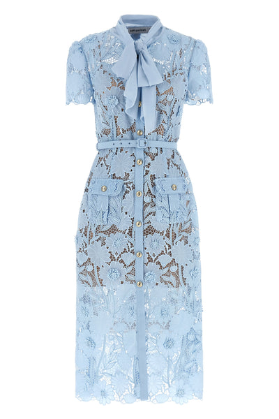 blue lace tie neck midi lace dress