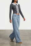 grey lace collar knit slightly cropped cardigan in stretch wool wool