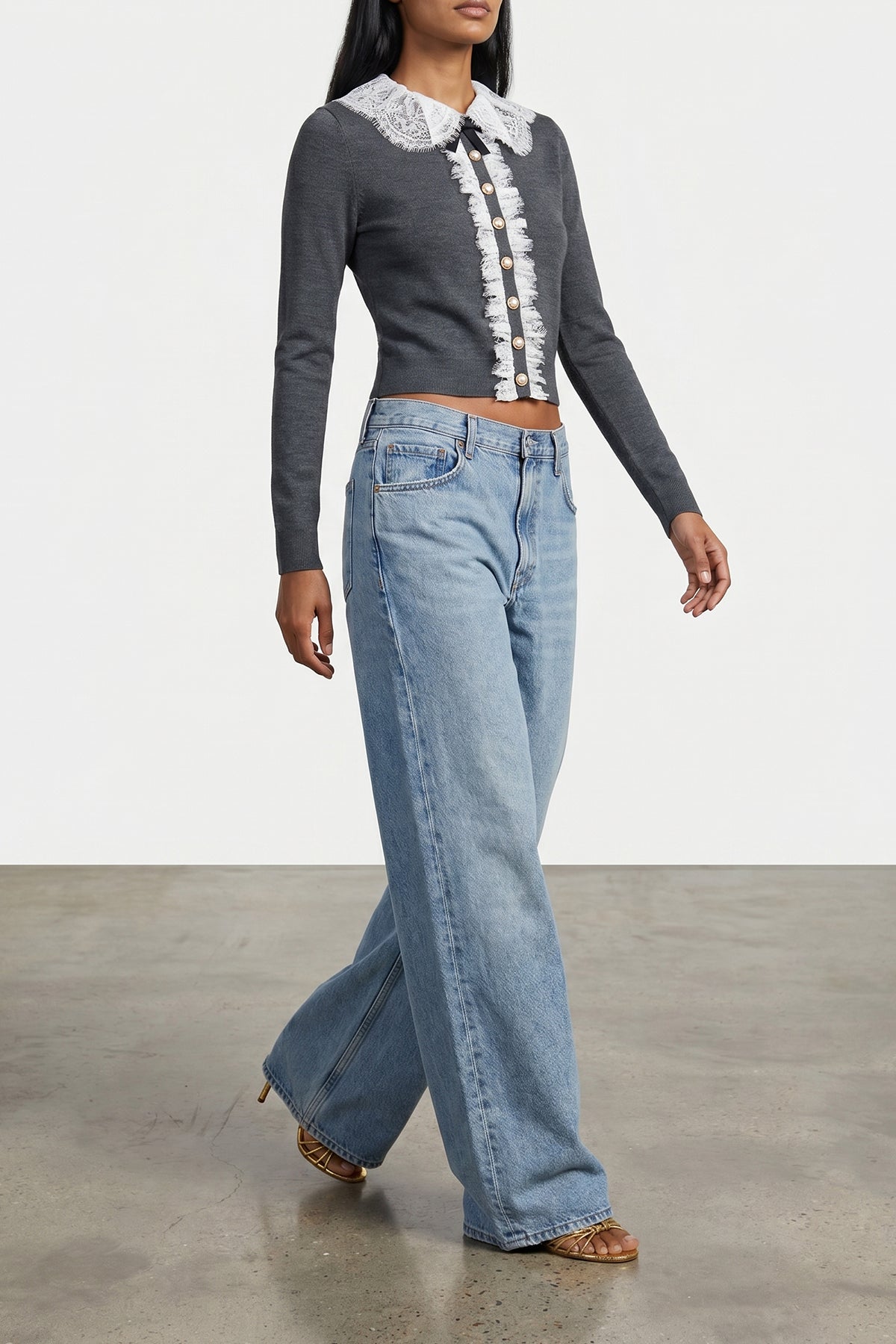 grey lace collar knit slightly cropped cardigan in stretch wool wool