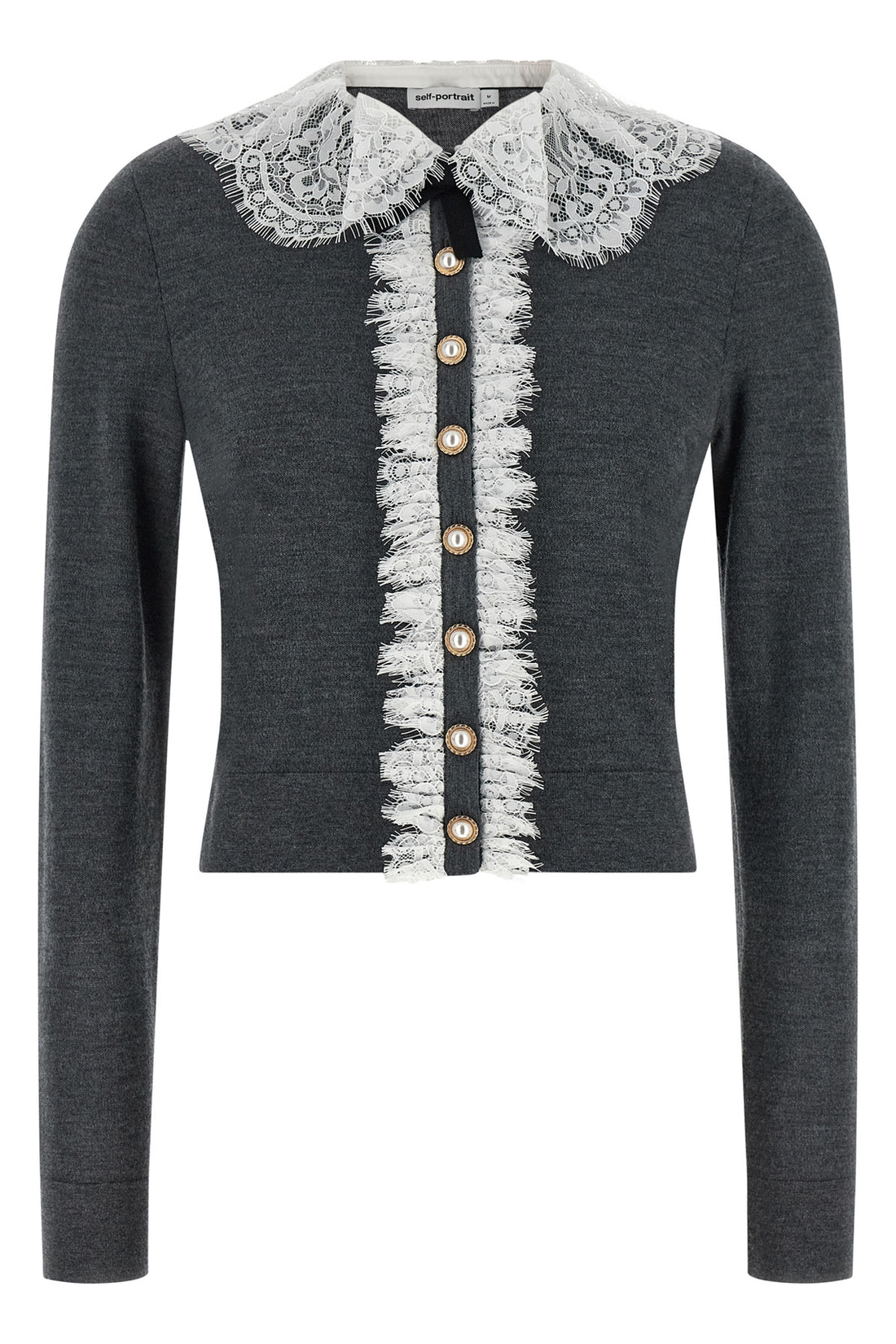 SELF PORTRAIT M grey lace collar knit slightly cropped cardigan in stretch wool wool