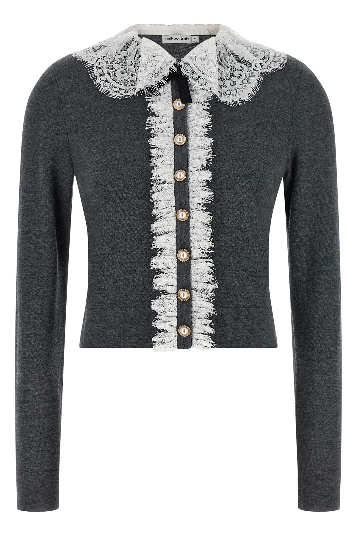 grey lace collar knit slightly cropped cardigan in stretch wool wool