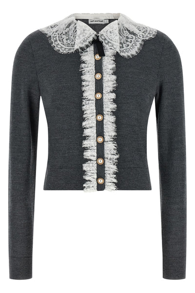 grey lace collar knit slightly cropped cardigan in stretch wool wool