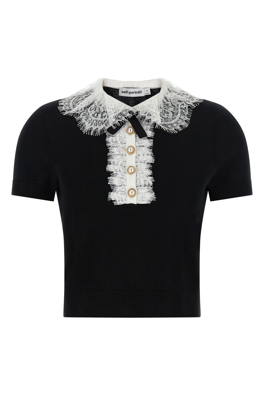 SELF PORTRAIT M black knit lace collar slightly cropped stretch wool knit top