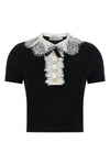black knit lace collar slightly cropped stretch wool knit top