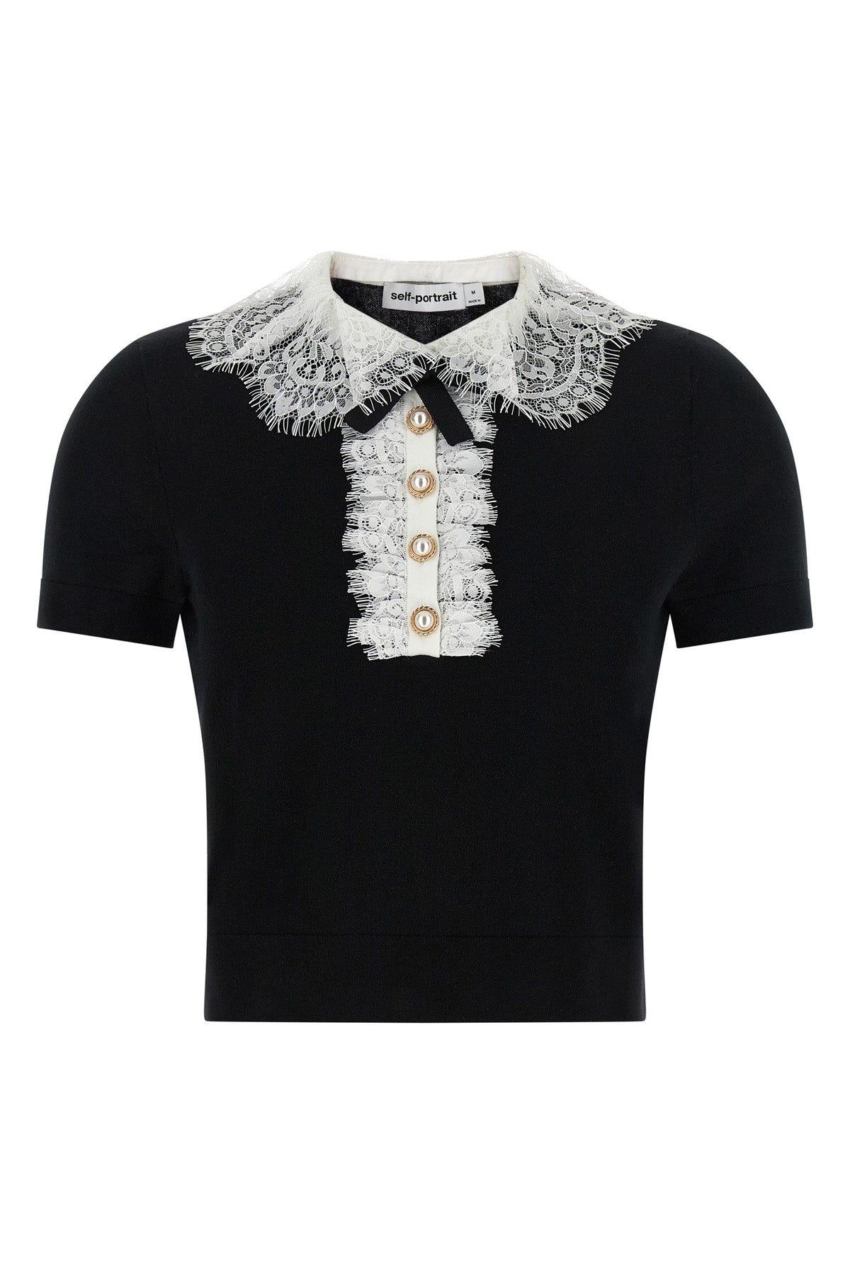 black knit lace collar slightly cropped stretch wool knit top