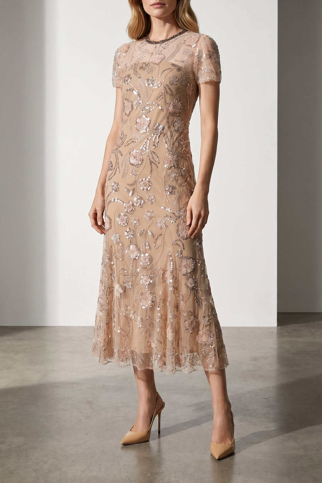 SELF PORTRAIT 6 pink flower sequin embellished midi tulle dress