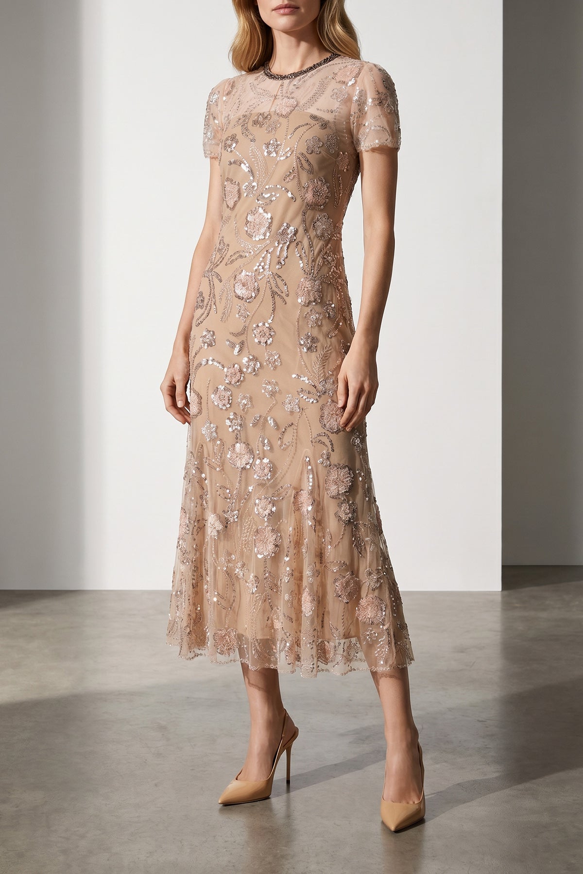 pink flower sequin embellished midi tulle dress