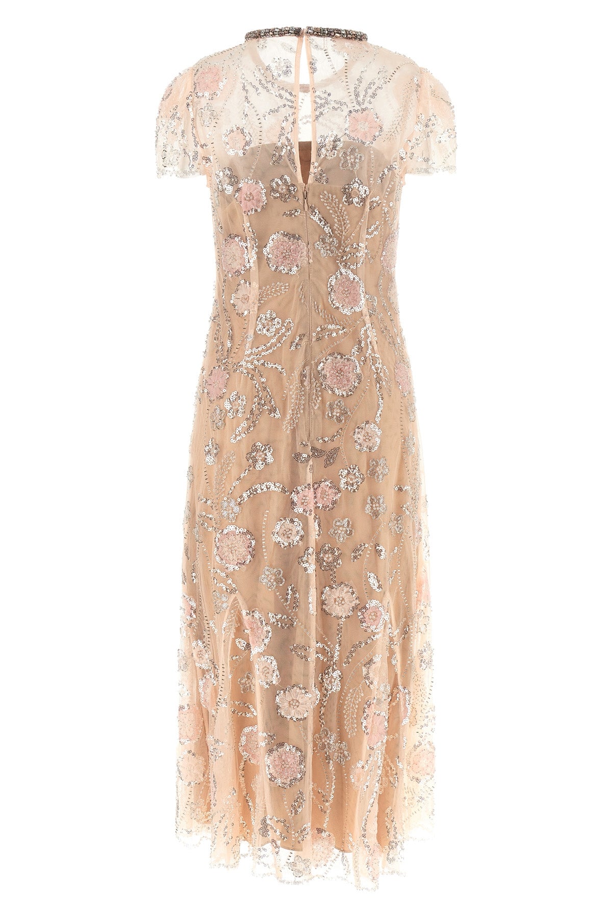 pink flower sequin embellished midi tulle dress