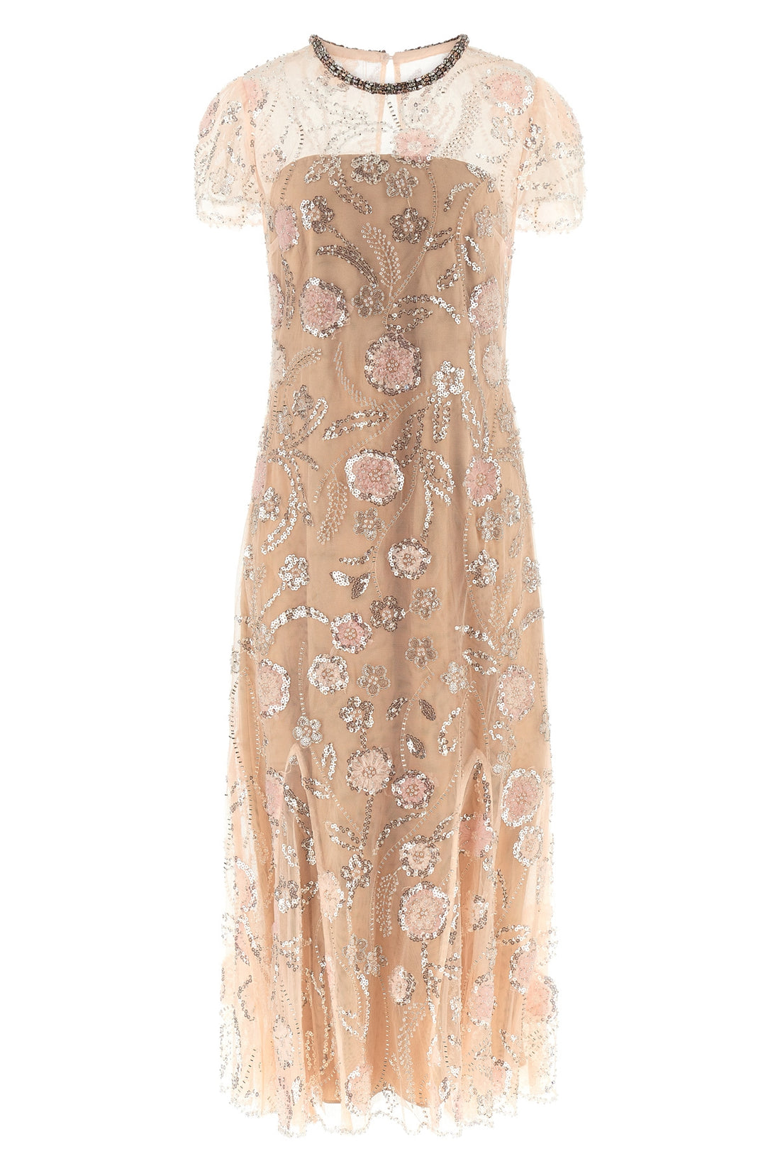 SELF PORTRAIT 6 pink flower sequin embellished midi tulle dress