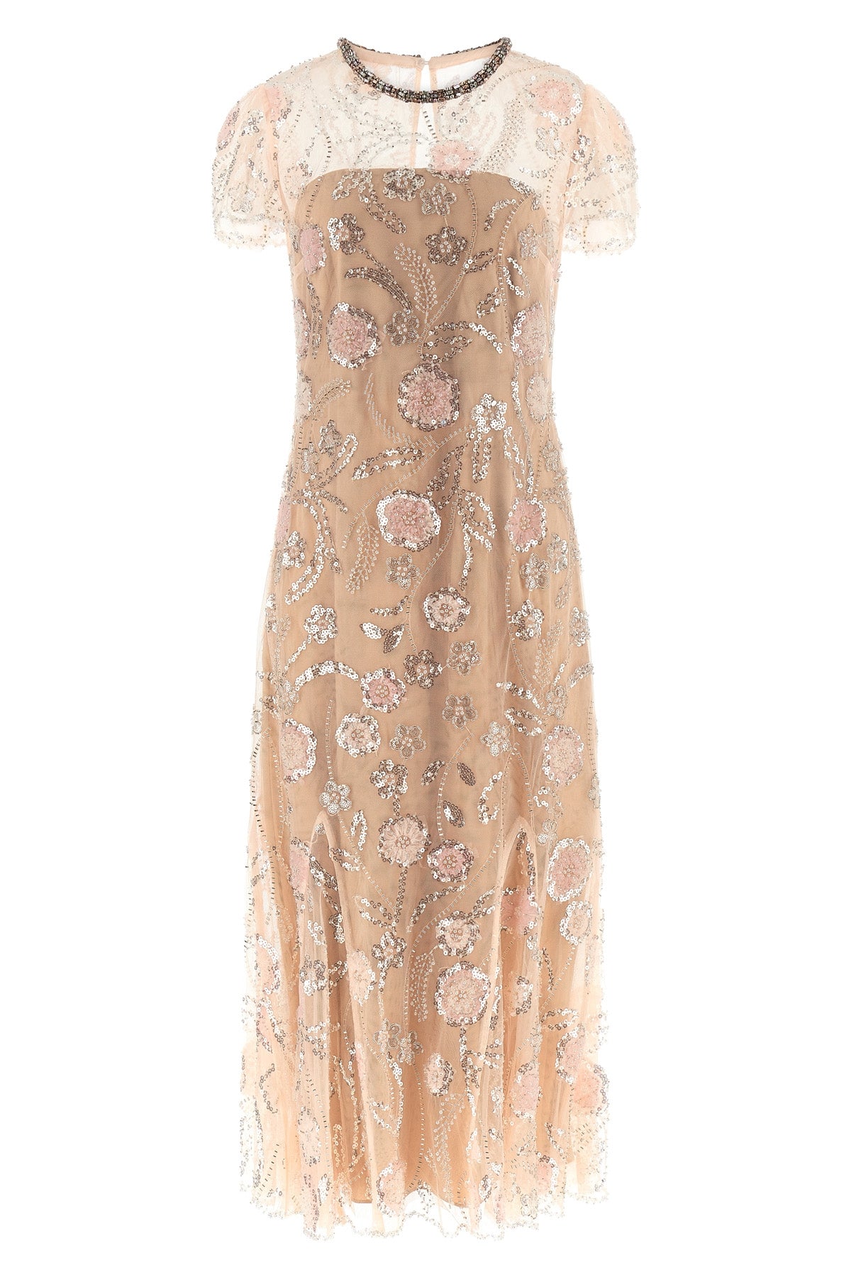 pink flower sequin embellished midi tulle dress
