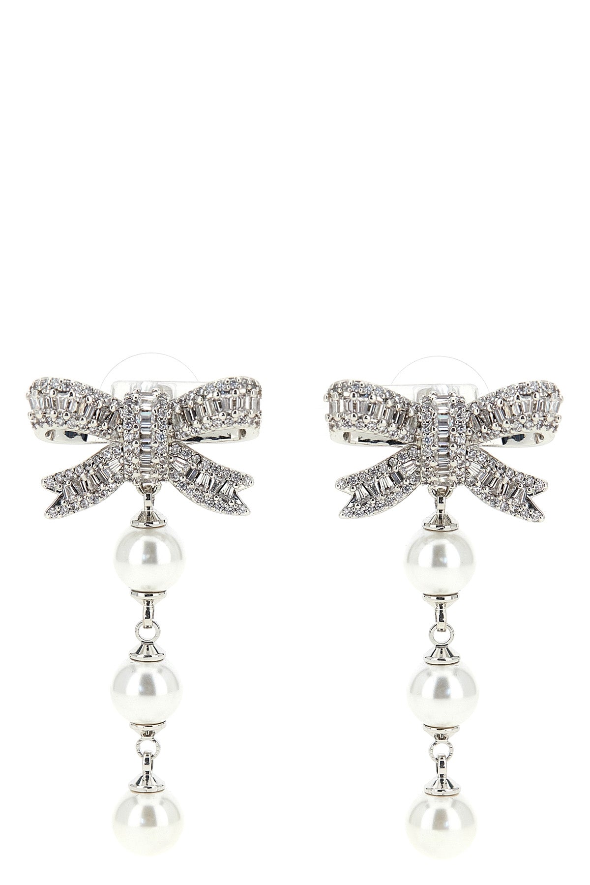 crystal bow pearl droplet bow-shaped earrings in silver-plated brass