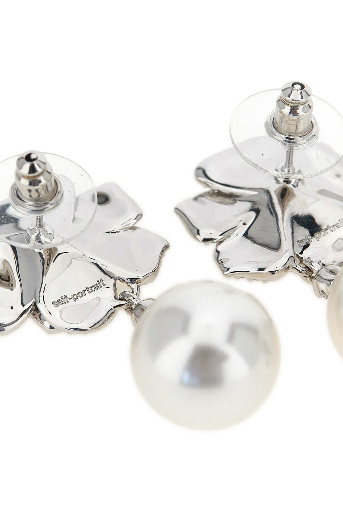 SELF PORTRAIT OS mini crystal flower pearl flower-shaped earrings in silver-plated brass