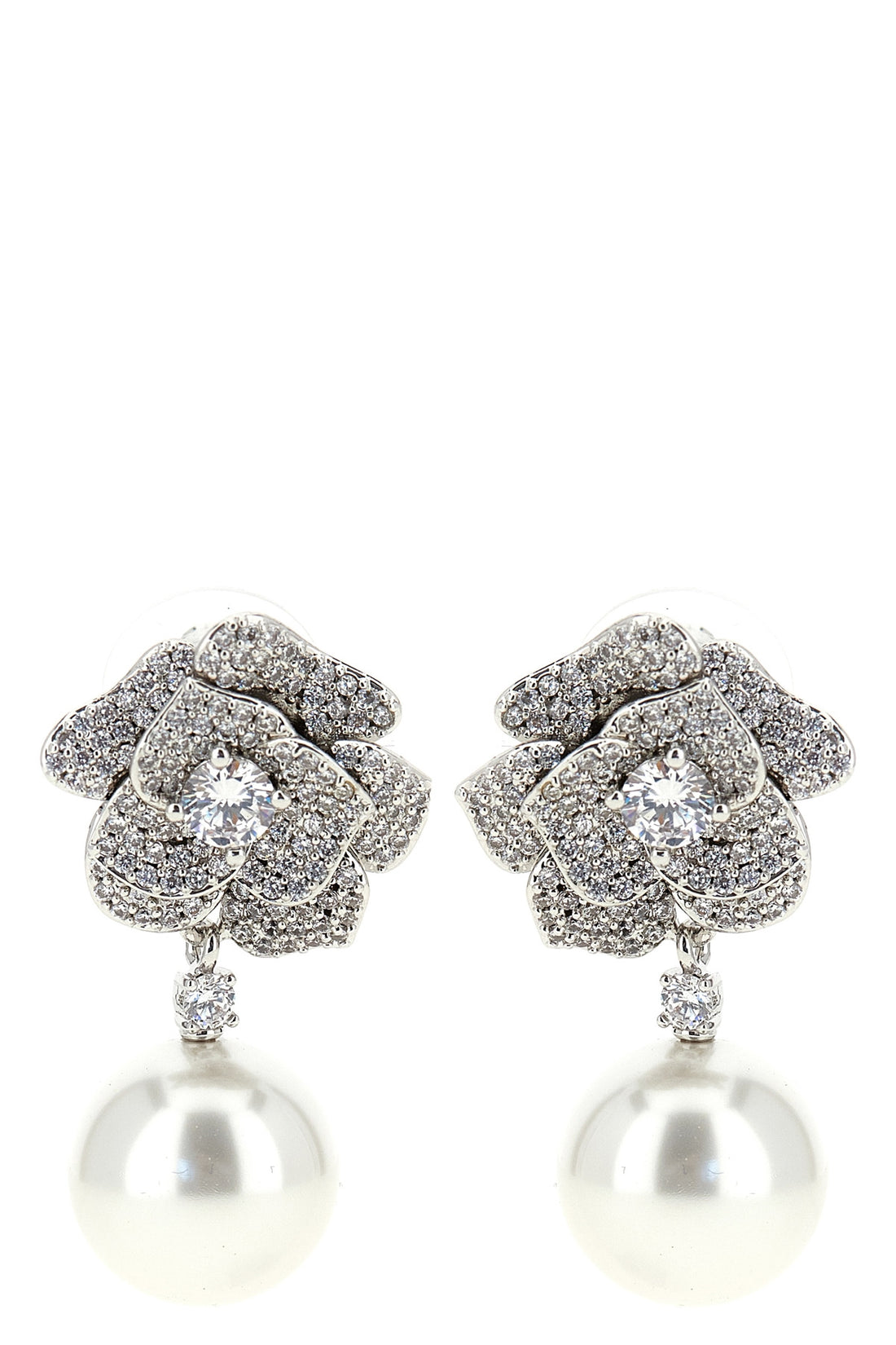 SELF PORTRAIT OS mini crystal flower pearl flower-shaped earrings in silver-plated brass