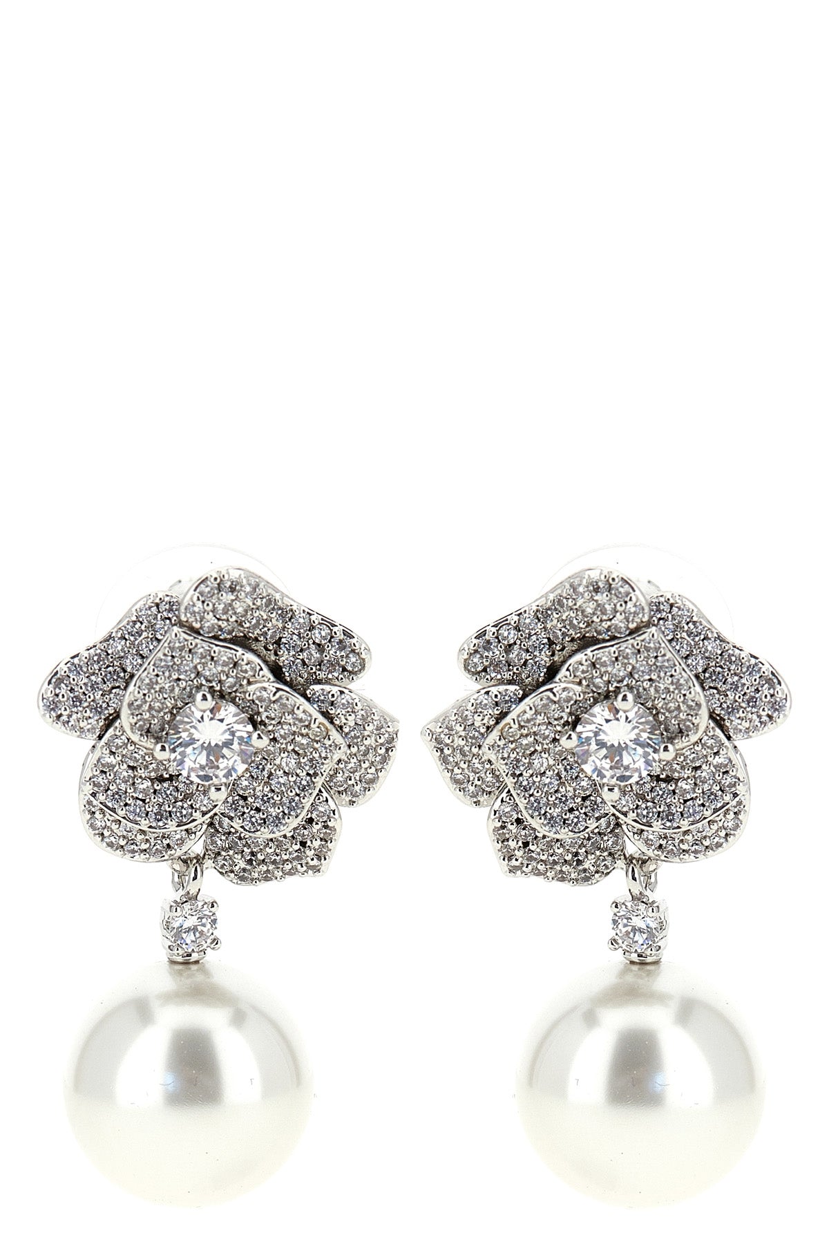 mini crystal flower pearl flower-shaped earrings in silver-plated brass