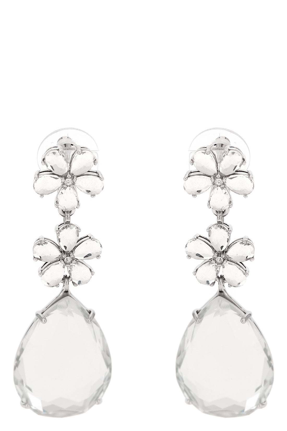 SELF PORTRAIT OS crystal flower tiered earrings in silver-plated brass and crystals