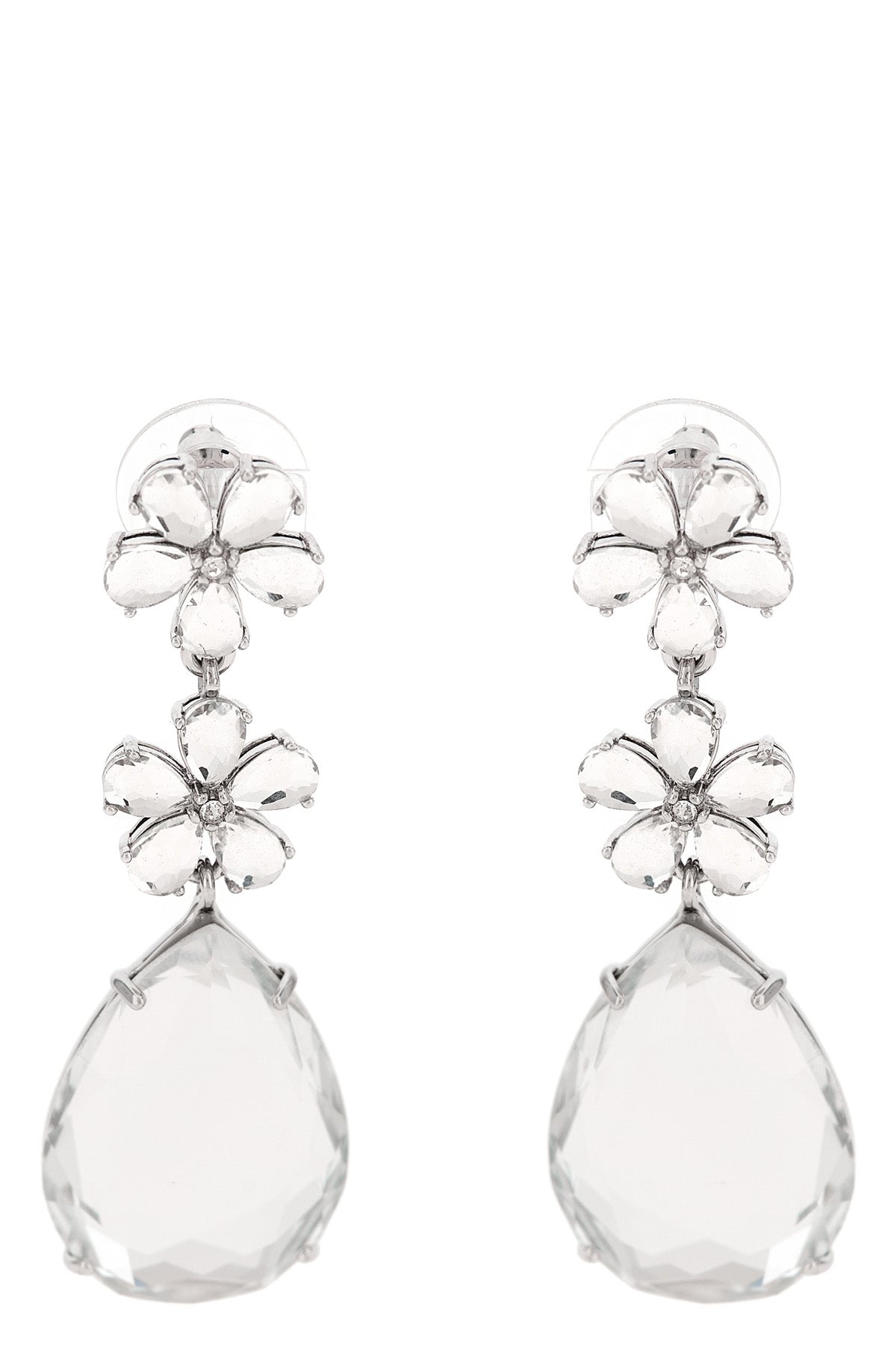 crystal flower tiered earrings in silver-plated brass and crystals