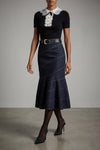 indigo denim belted midi cotton denim skirt