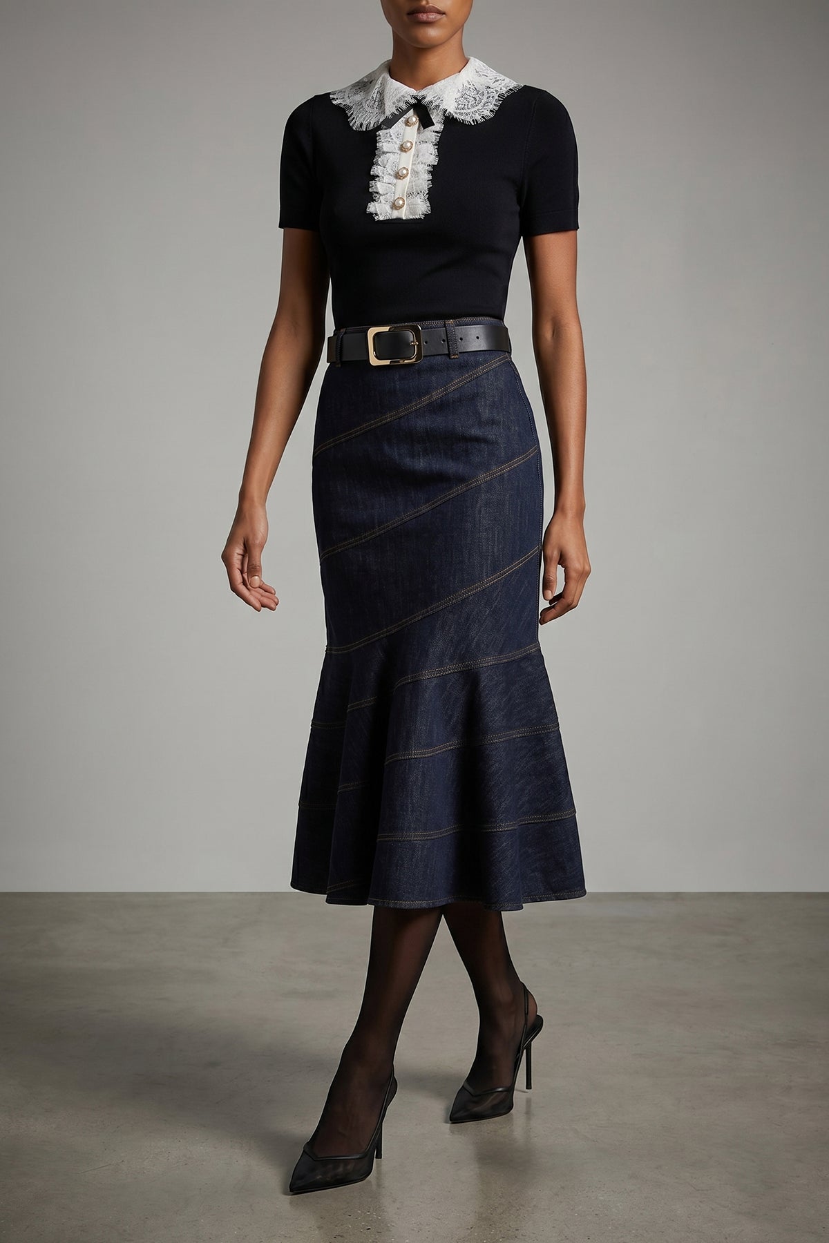 indigo denim belted midi cotton denim skirt