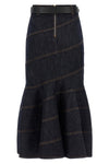 indigo denim belted midi cotton denim skirt