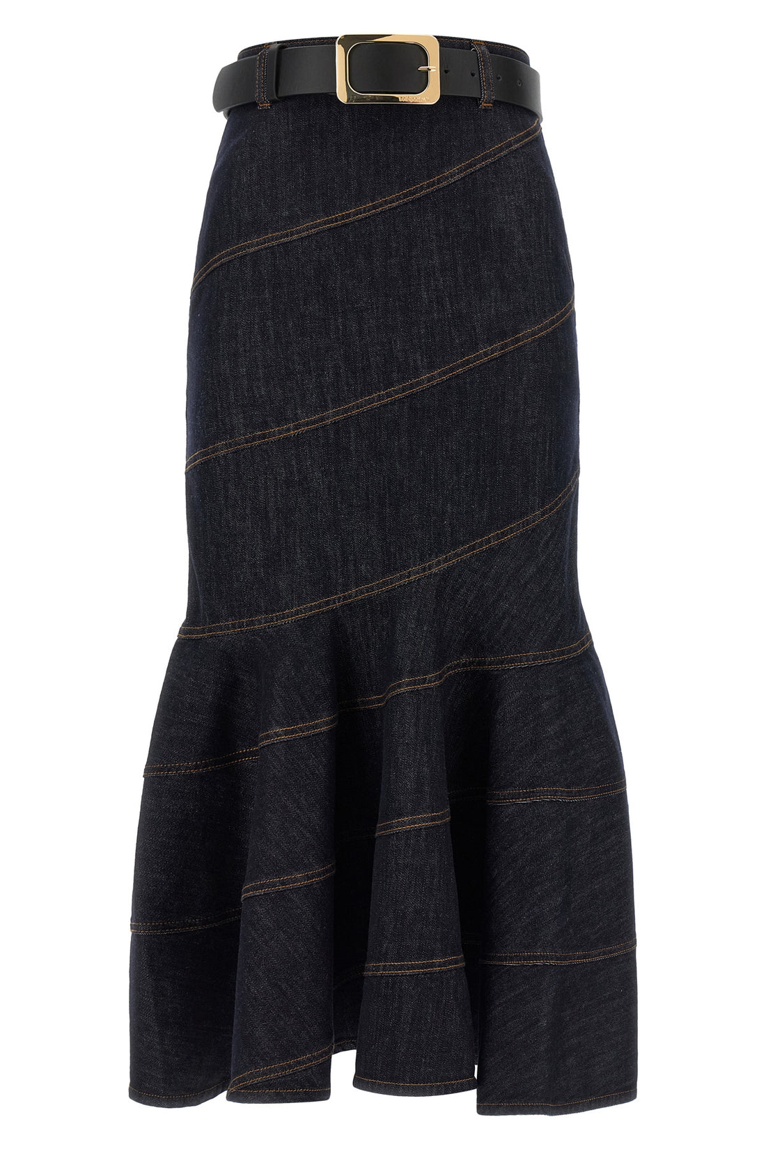 SELF PORTRAIT 6 indigo denim belted midi cotton denim skirt