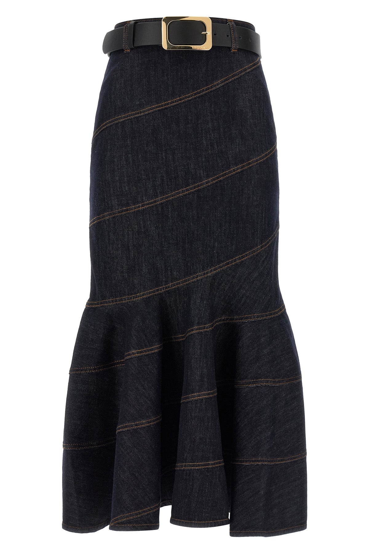 indigo denim belted midi cotton denim skirt