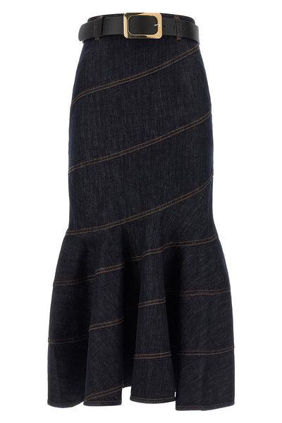 indigo denim belted midi cotton denim skirt