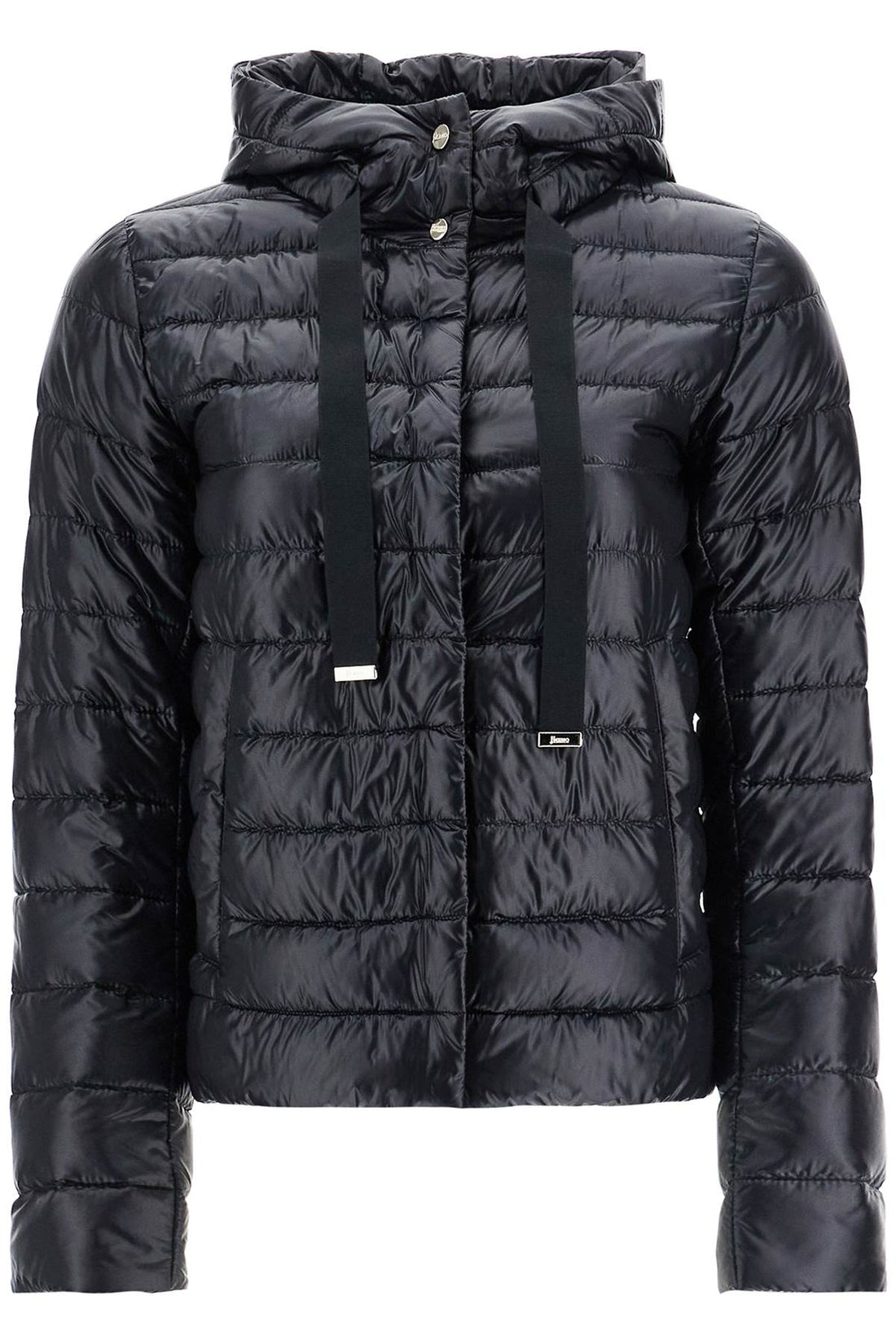 ultra-lightweight black nylon down jacket with hood