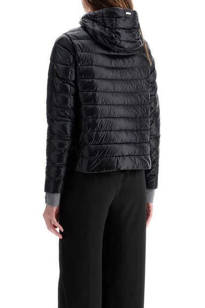 ultra-lightweight black nylon down jacket with hood