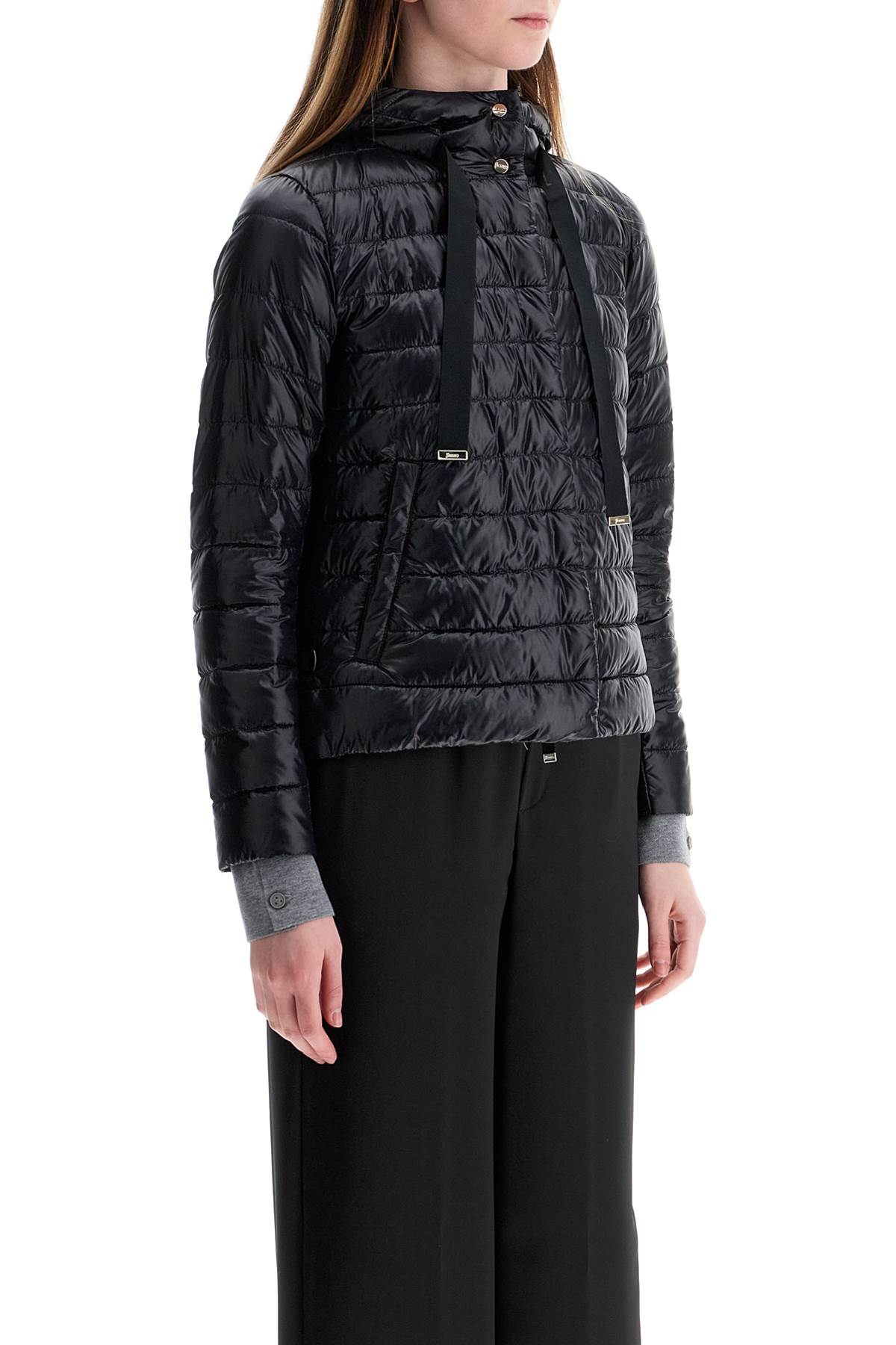 ultra-lightweight black nylon down jacket with hood