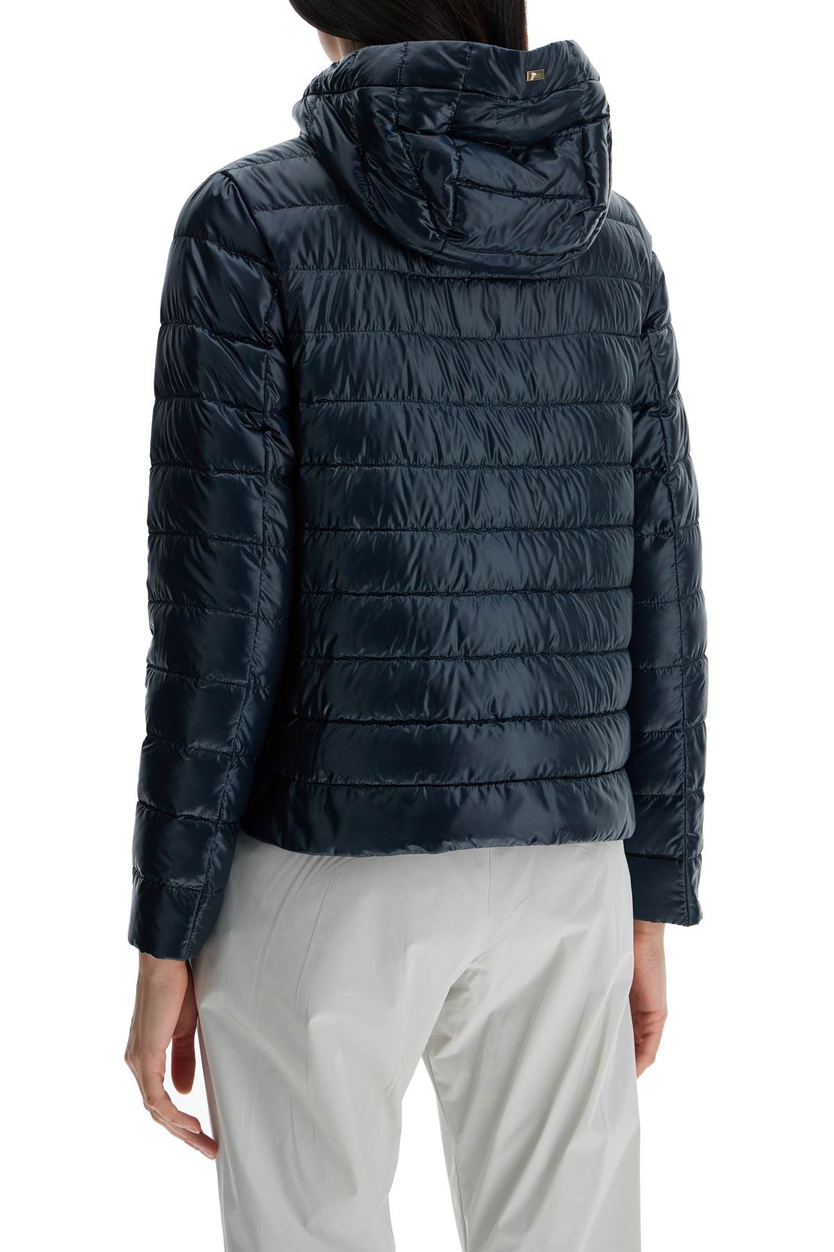 cropped down jacket with hood in ultralight dark blue nylon