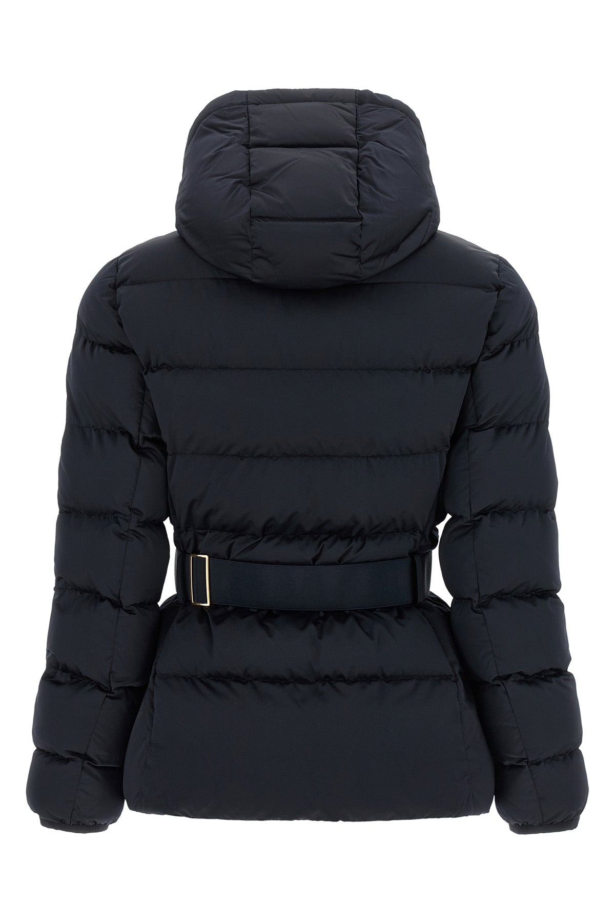 the elisabetta franchi down jacket in black sail fabric defines a structured sil