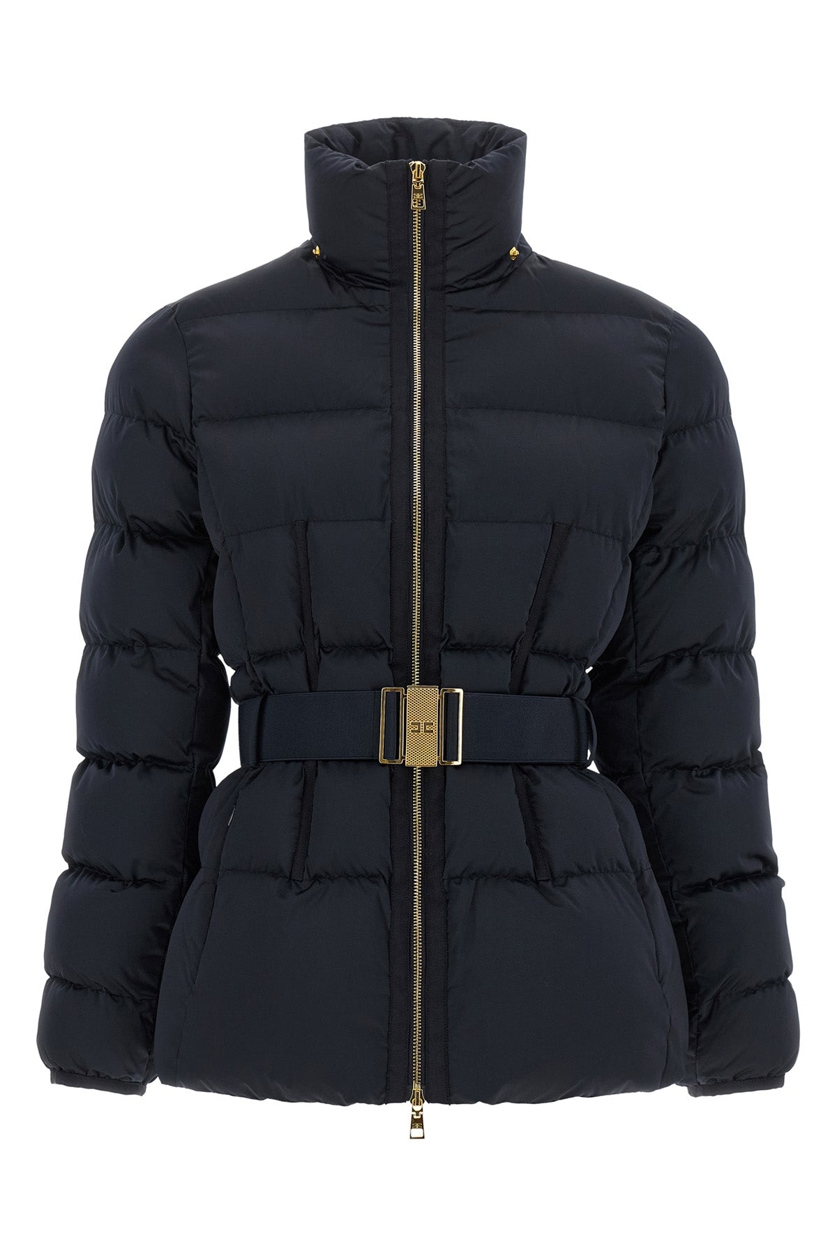 the elisabetta franchi down jacket in black sail fabric defines a structured sil