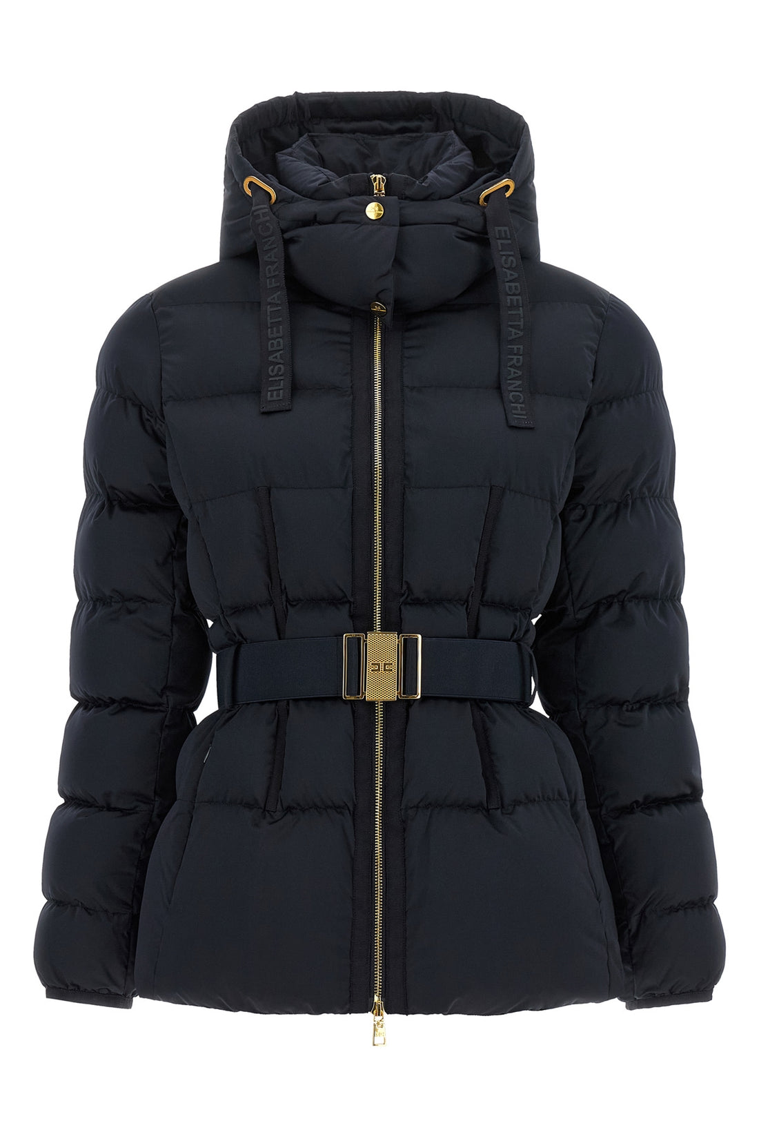 ELISABETTA FRANCHI 40 the elisabetta franchi down jacket in black sail fabric defines a structured sil