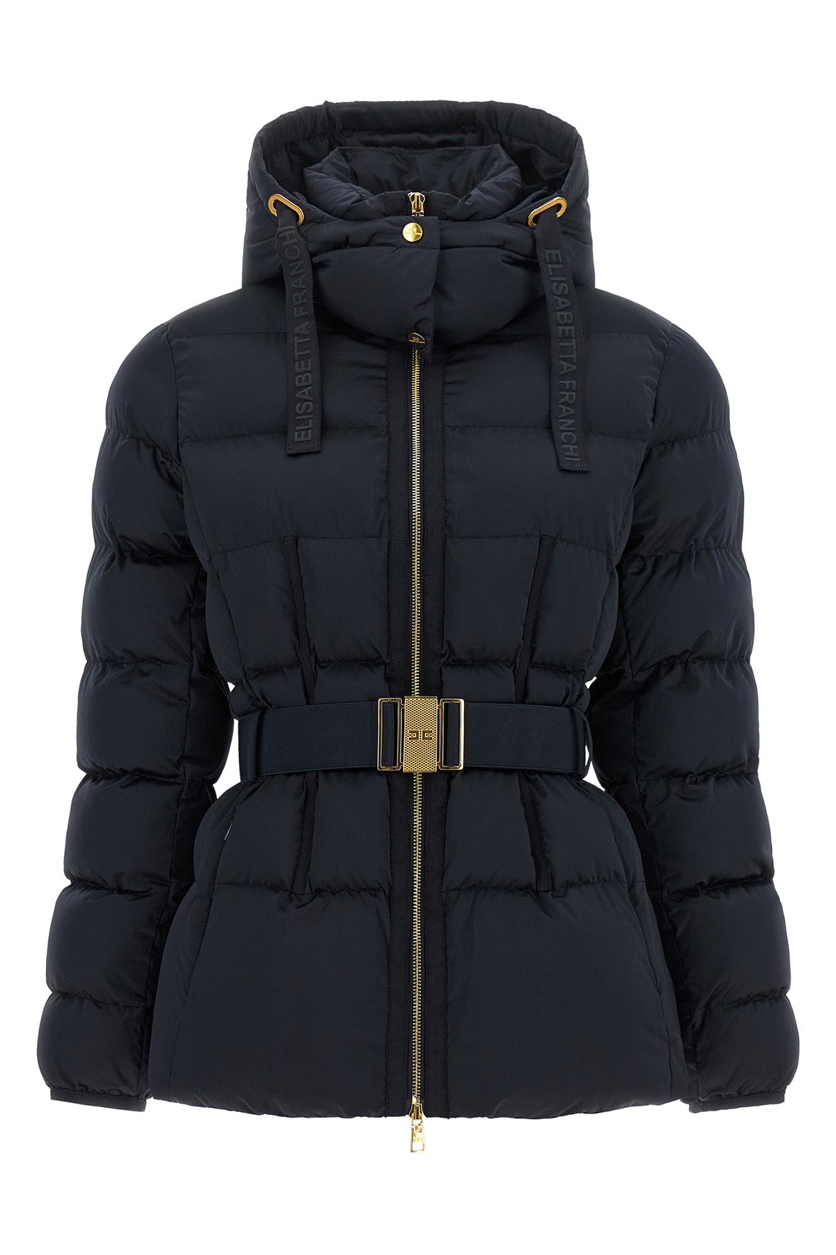 the elisabetta franchi down jacket in black sail fabric defines a structured sil