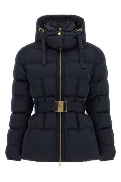the elisabetta franchi down jacket in black sail fabric defines a structured sil