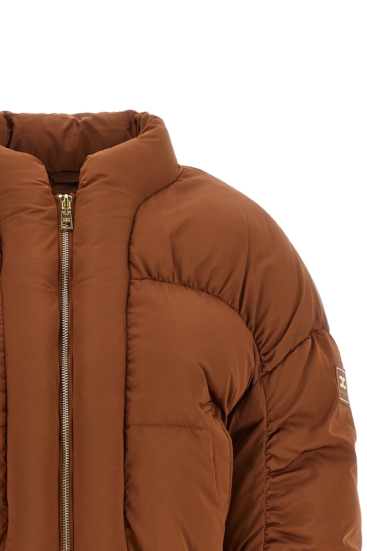 the elisabetta franchi vela fabric down jacket redefines the volumes of contempo