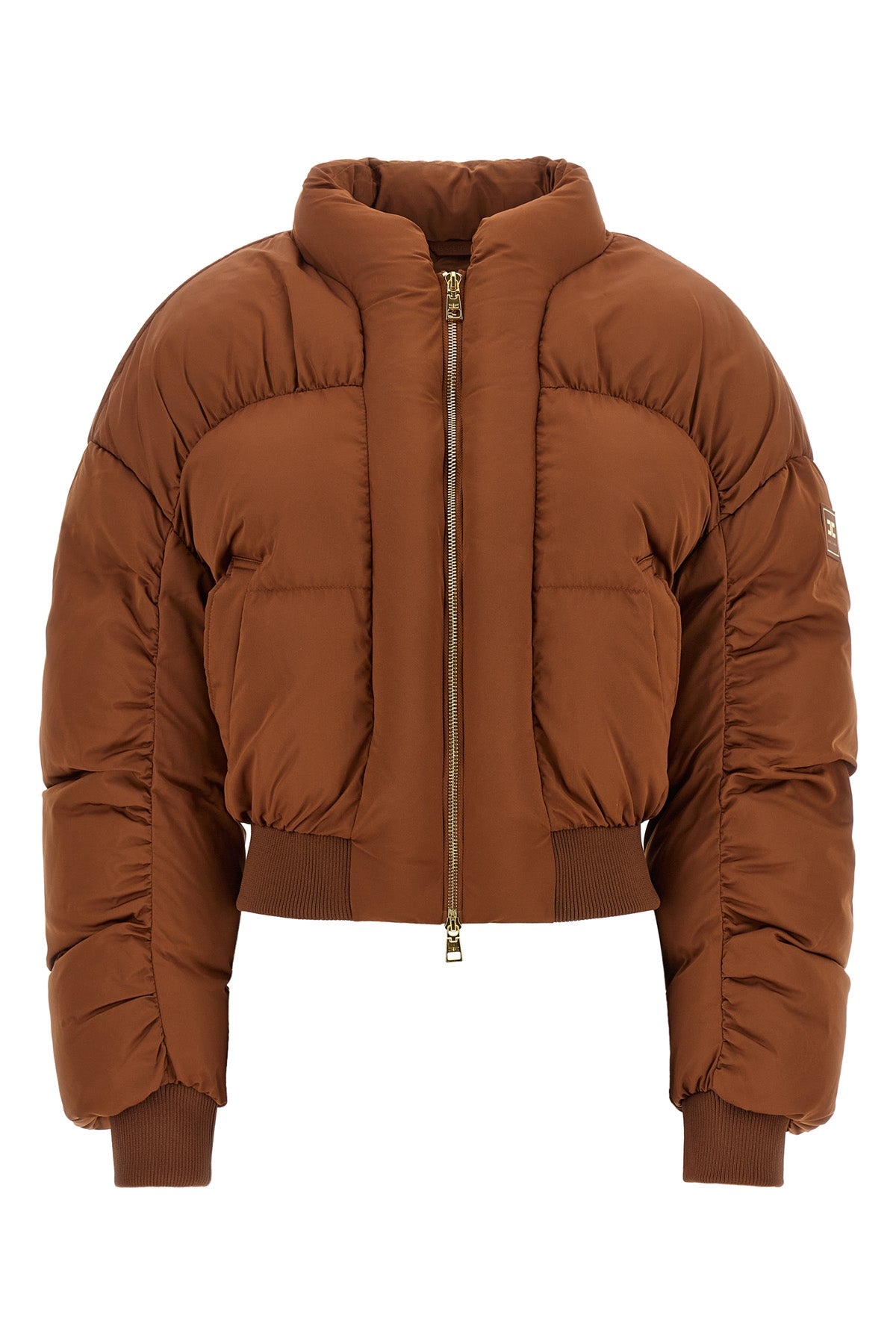 the elisabetta franchi vela fabric down jacket redefines the volumes of contempo