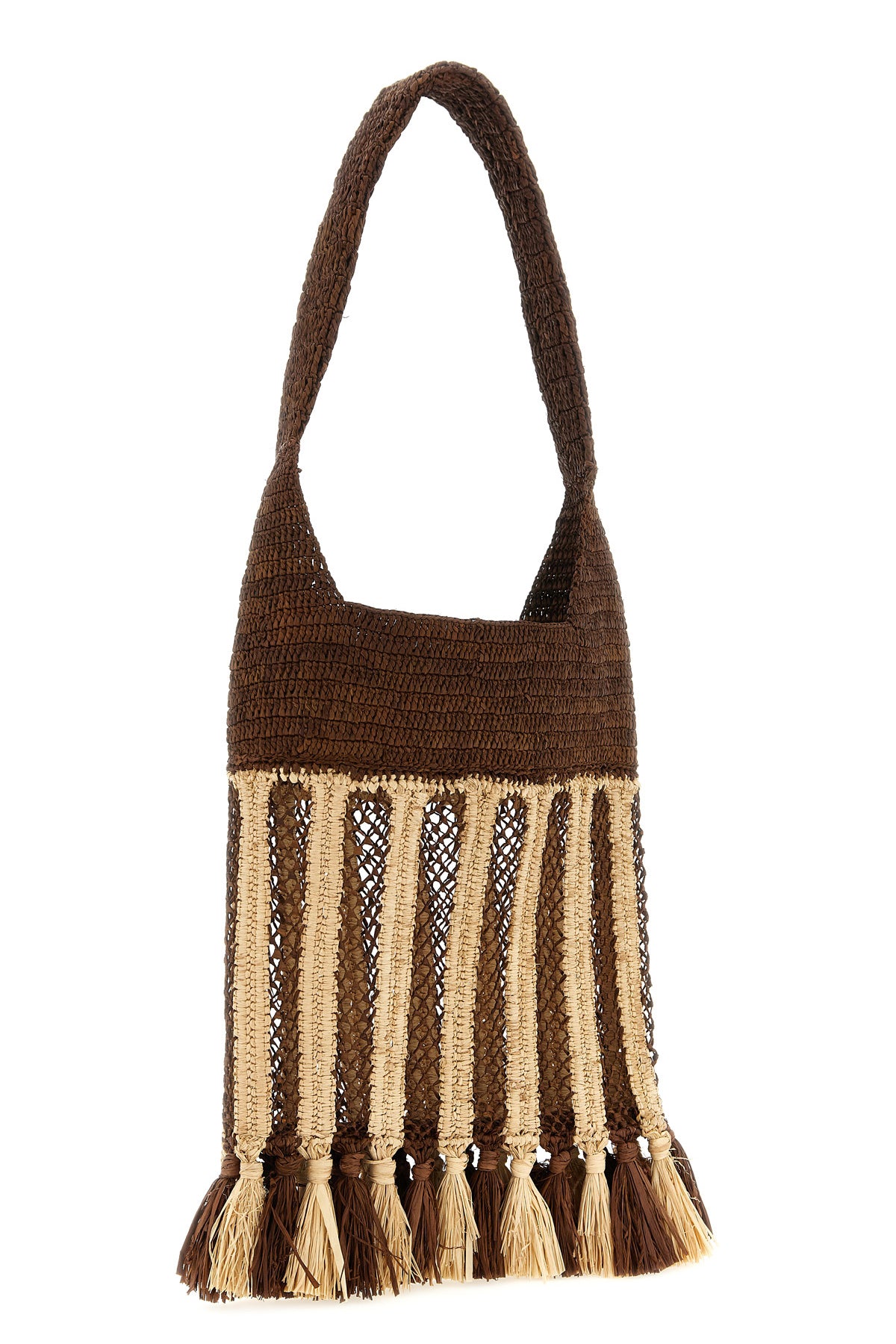 small praia shoulder bag in two-tone woven raffia