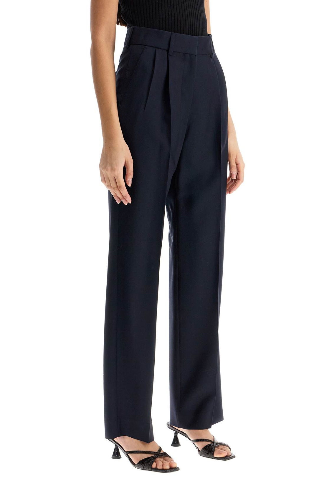 navy blue virgin wool and mohair high-waisted pants