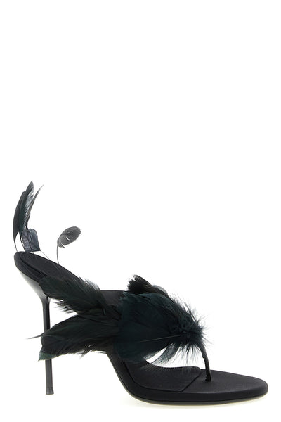 PARIS TEXAS 36 lidia feather thong mules in crêpe satin