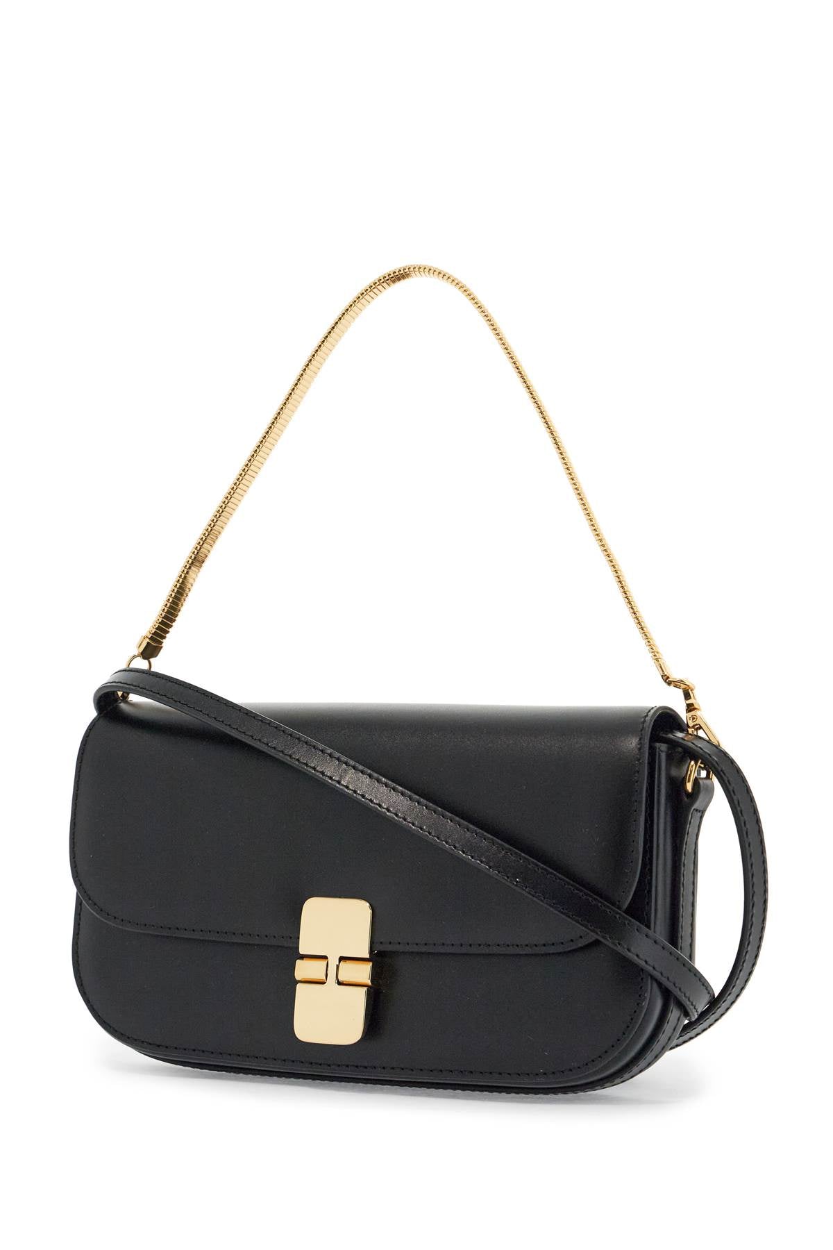 elegant black leather clutch with shoulder strap and gold chain