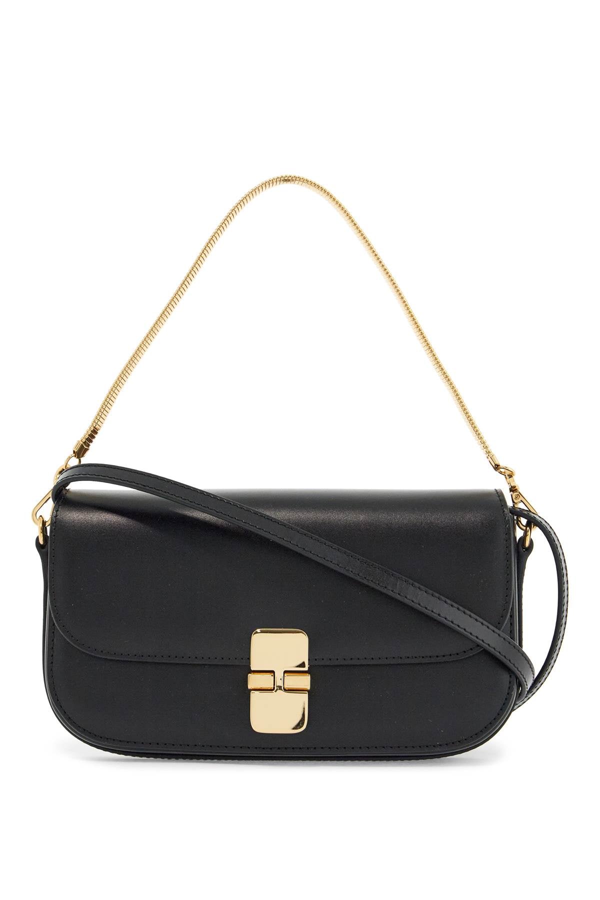 elegant black leather clutch with shoulder strap and gold chain