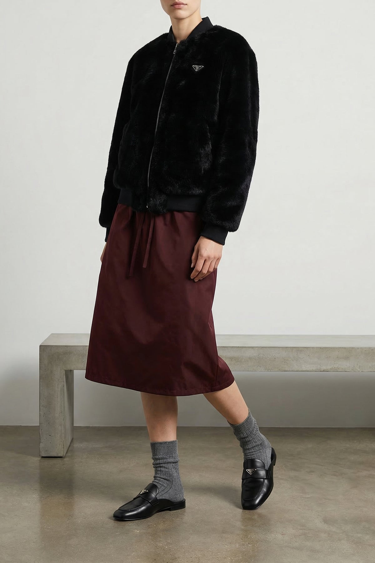 reversible faux fur and re-nylon bomber jacket
