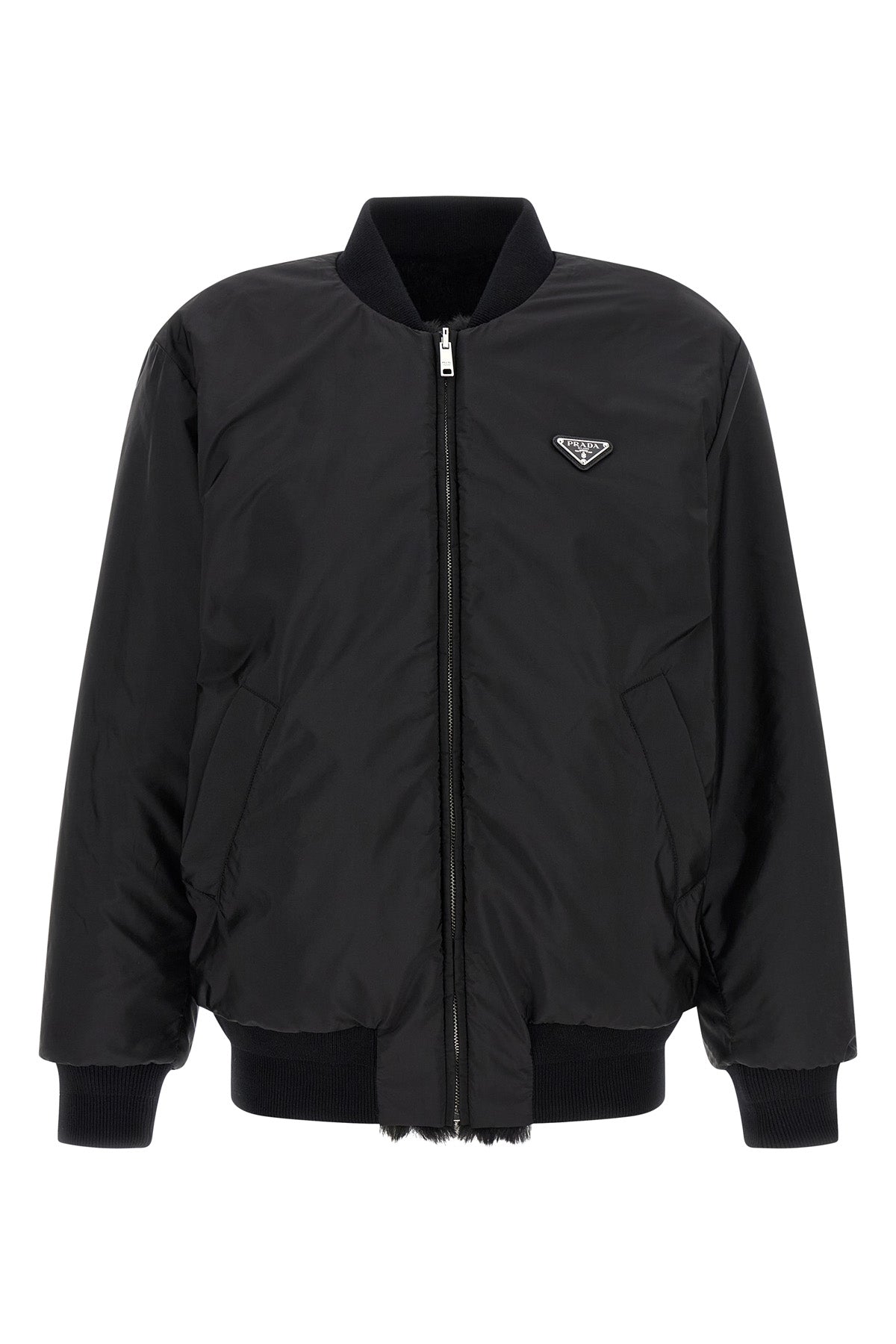 reversible faux fur and re-nylon bomber jacket