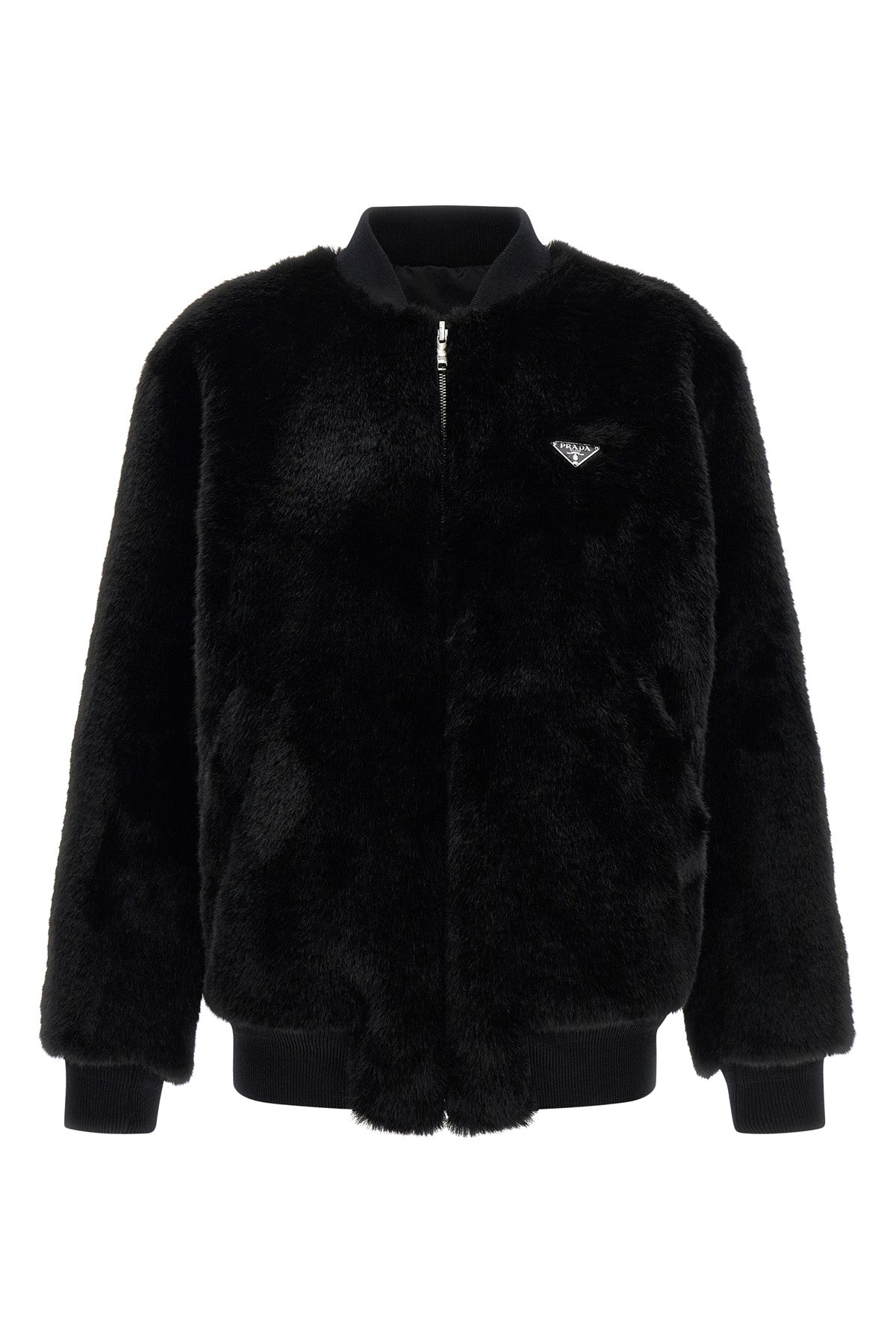 reversible faux fur and re-nylon bomber jacket