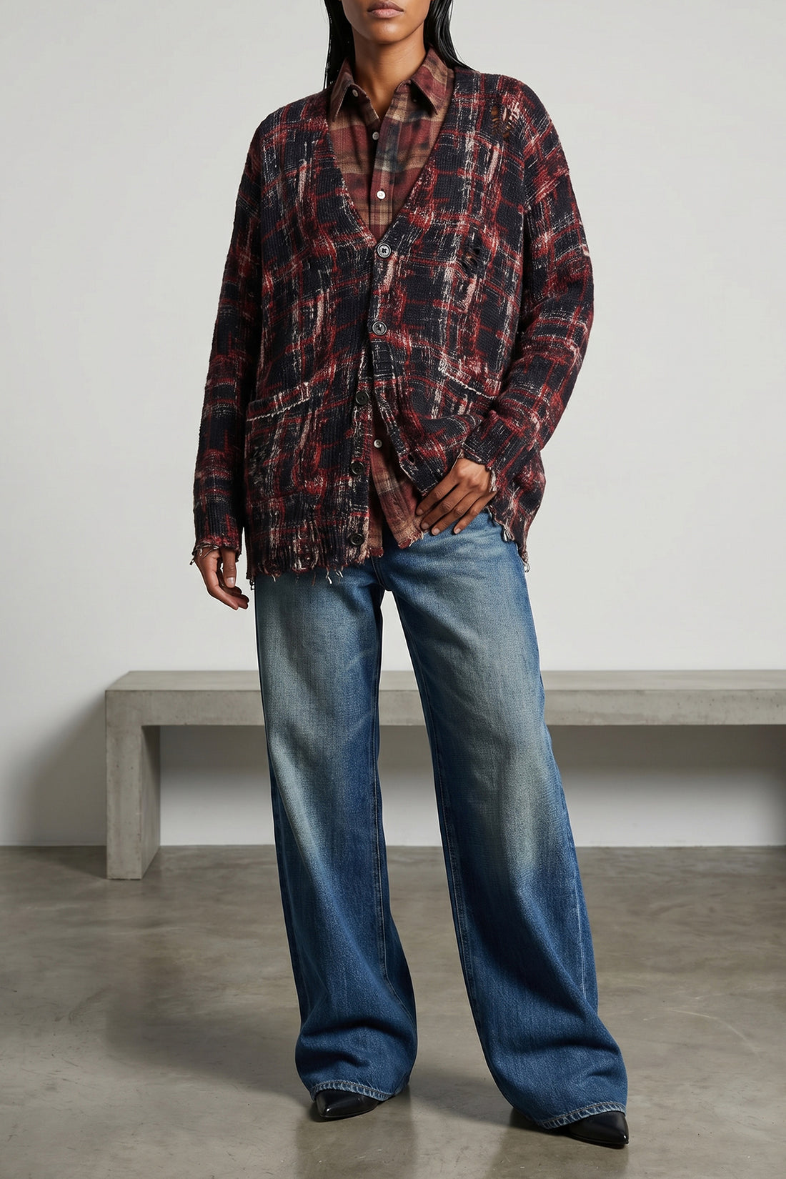R13 XXS cardigan in linen and cotton blend check pattern used effect