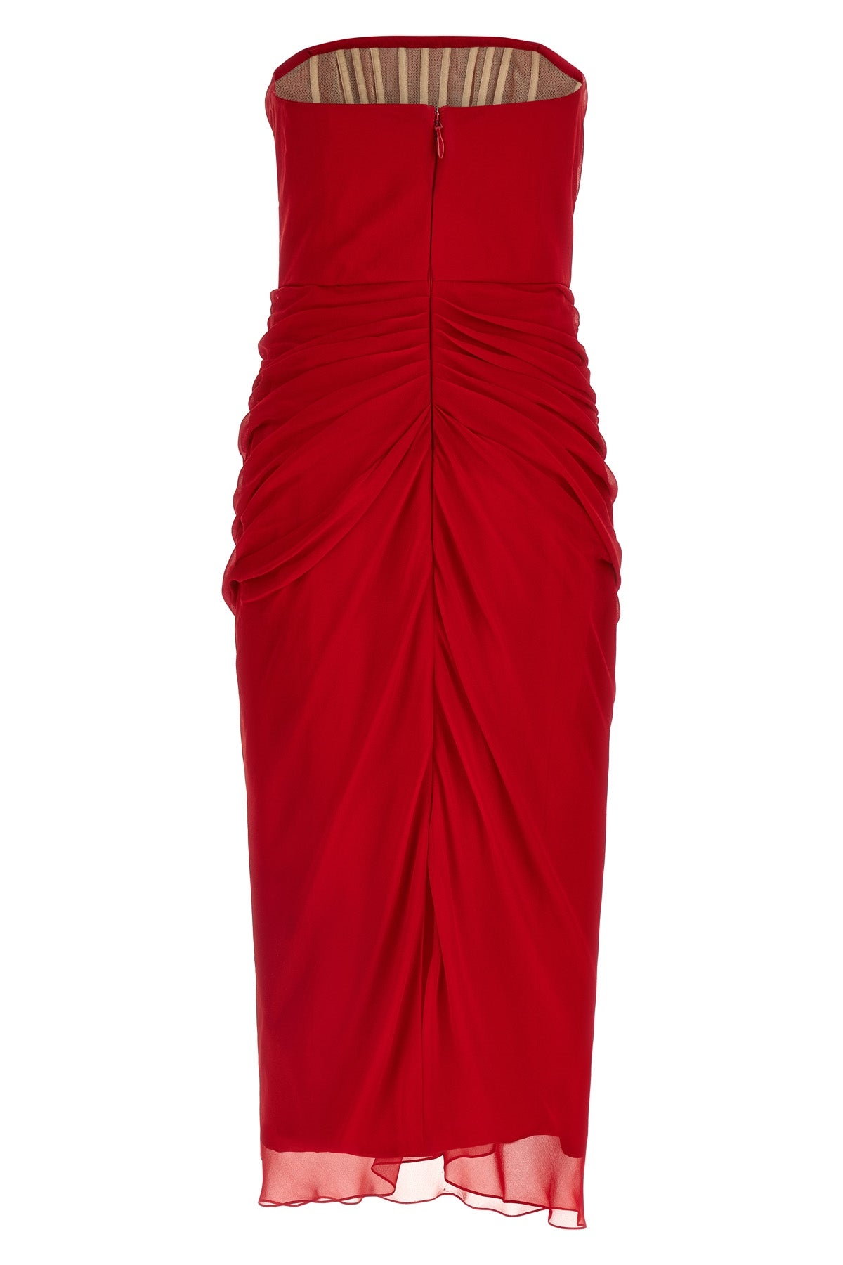 strapless silk chiffon dress draped and curled at the waist