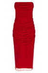 strapless silk chiffon dress draped and curled at the waist