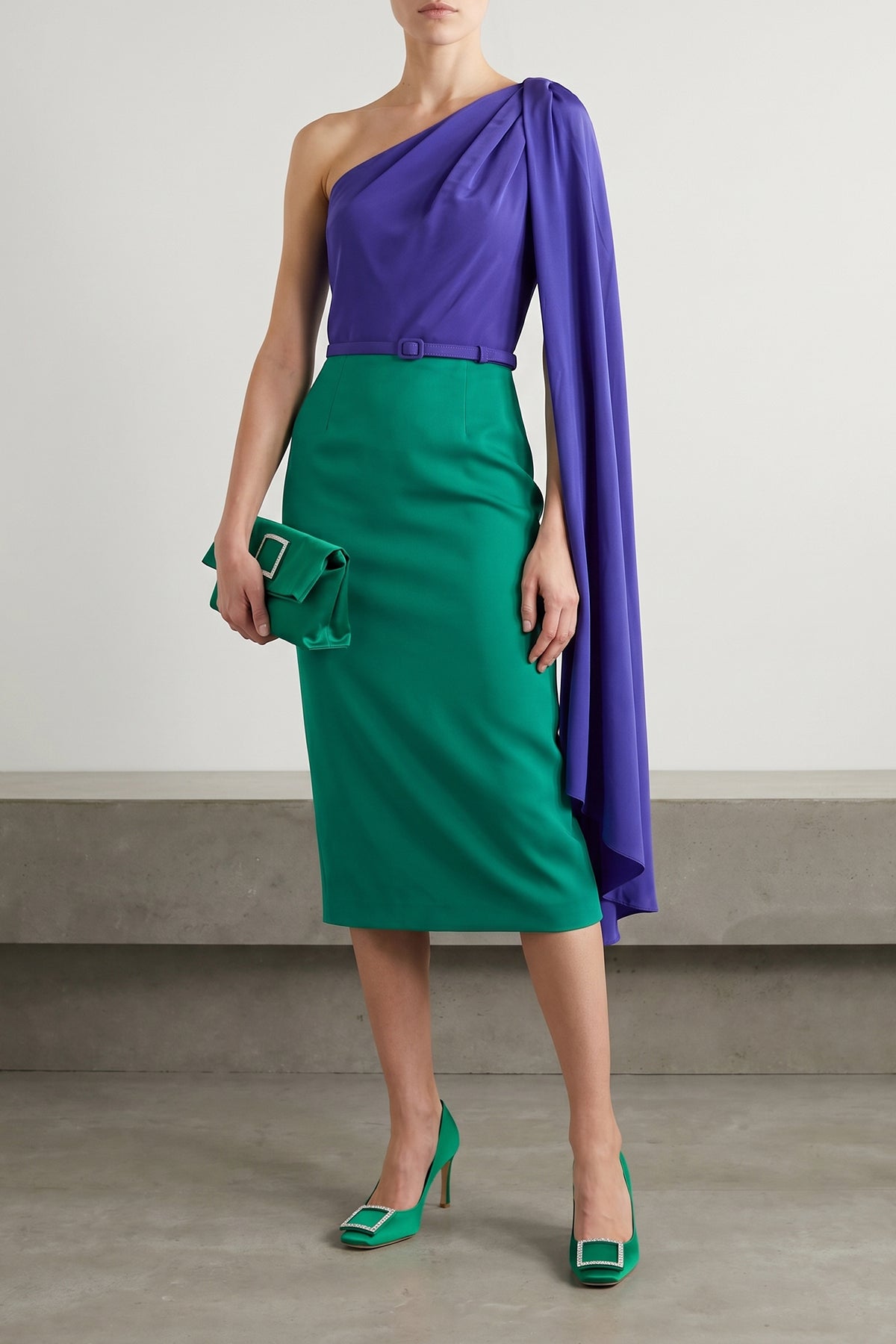 color block one-shoulder sheath dress in silk